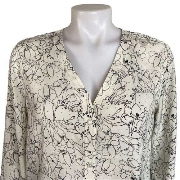Treasure & Bond Penciled Floral Button Down Wide Sleeve Blouse Black Off White T - Picture 2 of 11
